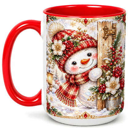 #pl[15oz|Red] Christmas Snowman Coffee Mug, Red Floral Winter Mug, Ceramic Cup