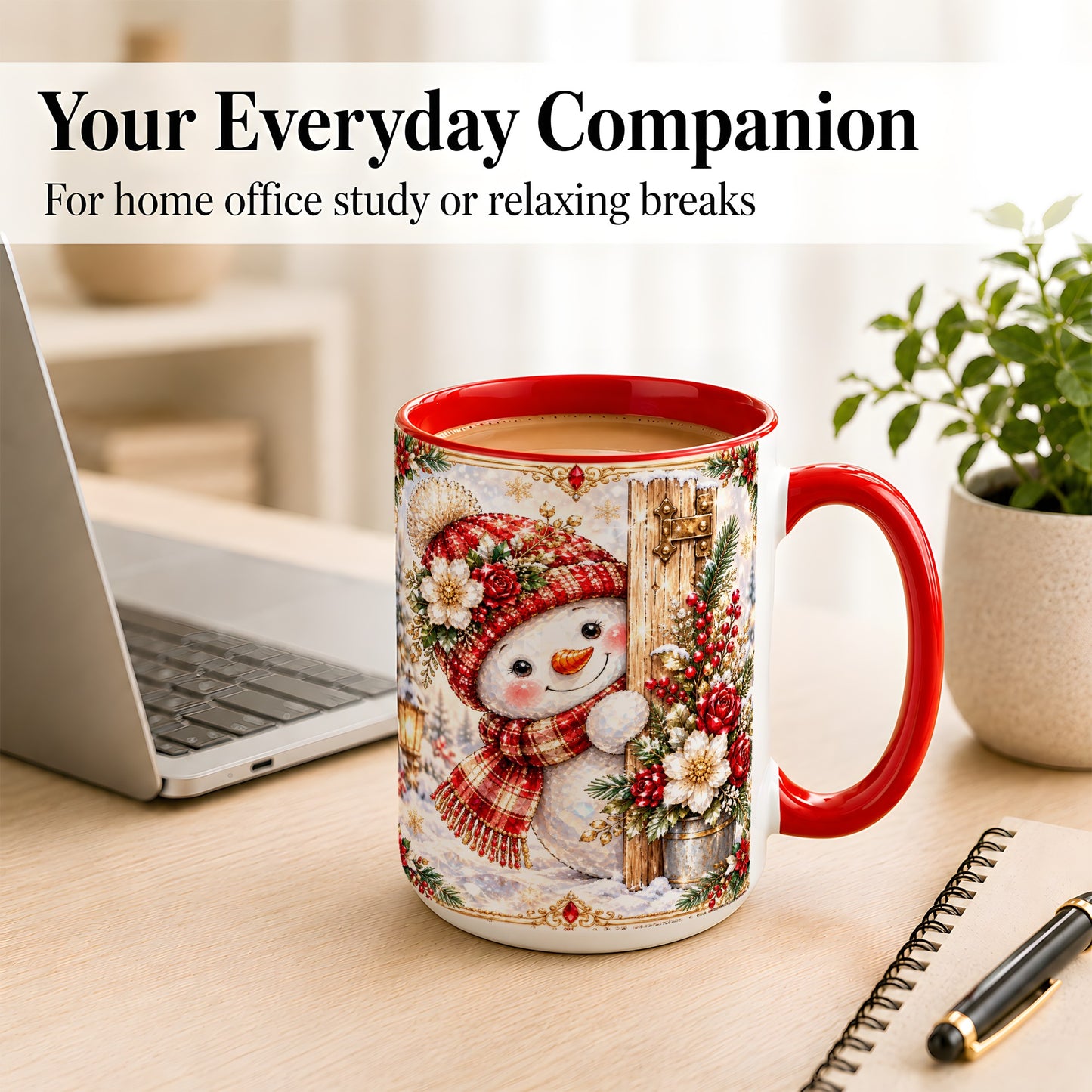 #pl[15oz|Red] Christmas Snowman Coffee Mug, Red Floral Winter Mug, Ceramic Cup