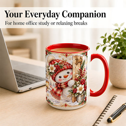 #pl[15oz|Red] Christmas Snowman Coffee Mug, Red Floral Winter Mug, Ceramic Cup