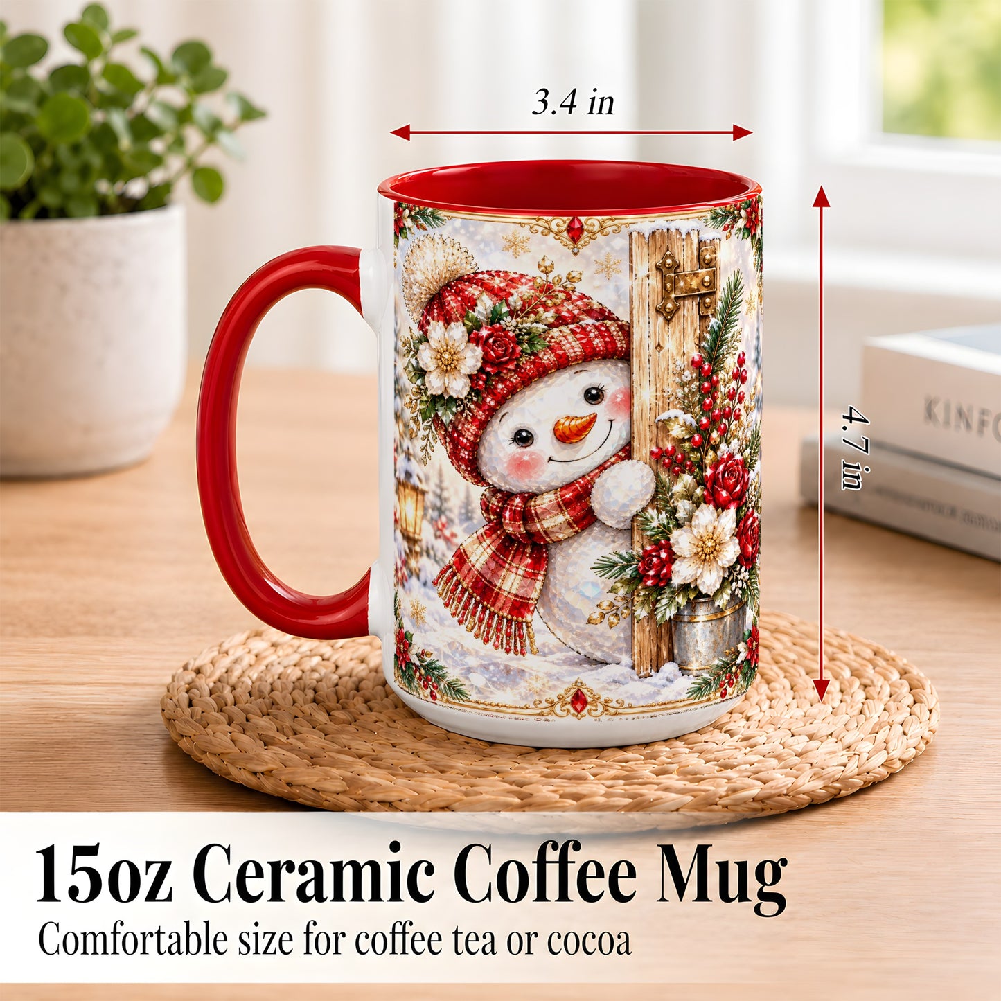 #pl[15oz|Red] Christmas Snowman Coffee Mug, Red Floral Winter Mug, Ceramic Cup