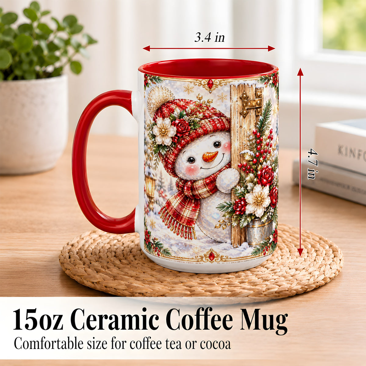 #pl[15oz|Red] Christmas Snowman Coffee Mug, Red Floral Winter Mug, Ceramic Cup