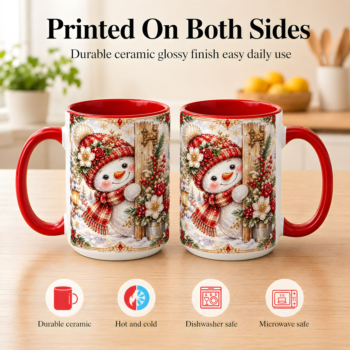 #pl[15oz|Red] Christmas Snowman Coffee Mug, Red Floral Winter Mug, Ceramic Cup