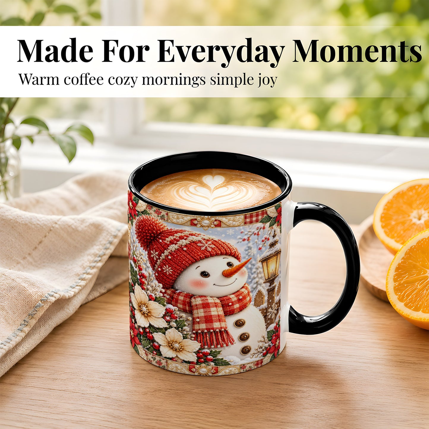 #pl[11oz|Black] Christmas Snowman Coffee Mug, Poinsettia Winter Mug, Ceramic Cup