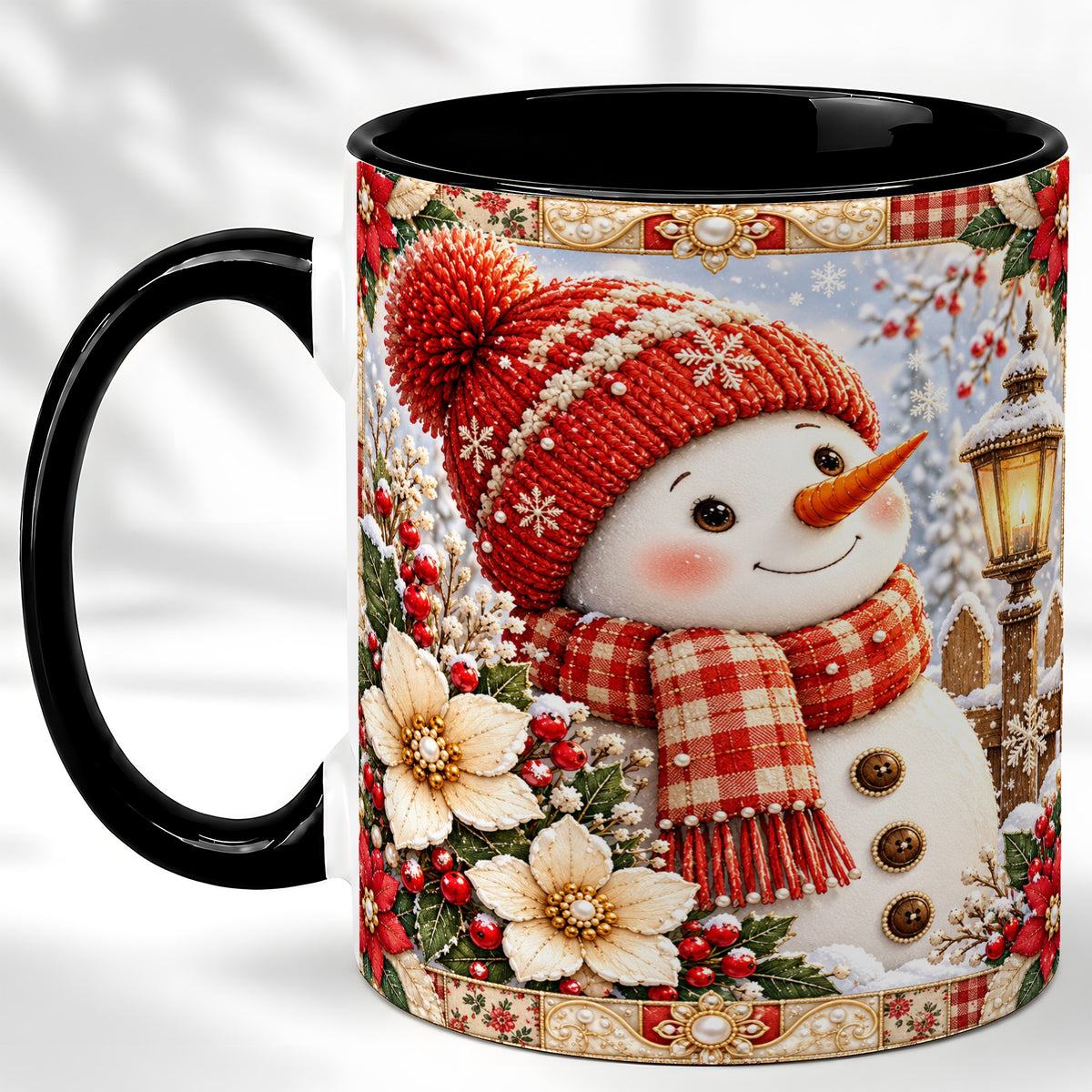 #pl[11oz|Black] Christmas Snowman Coffee Mug, Poinsettia Winter Mug, Ceramic Cup