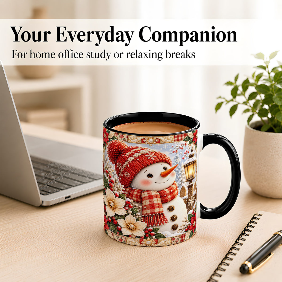 #pl[11oz|Black] Christmas Snowman Coffee Mug, Poinsettia Winter Mug, Ceramic Cup