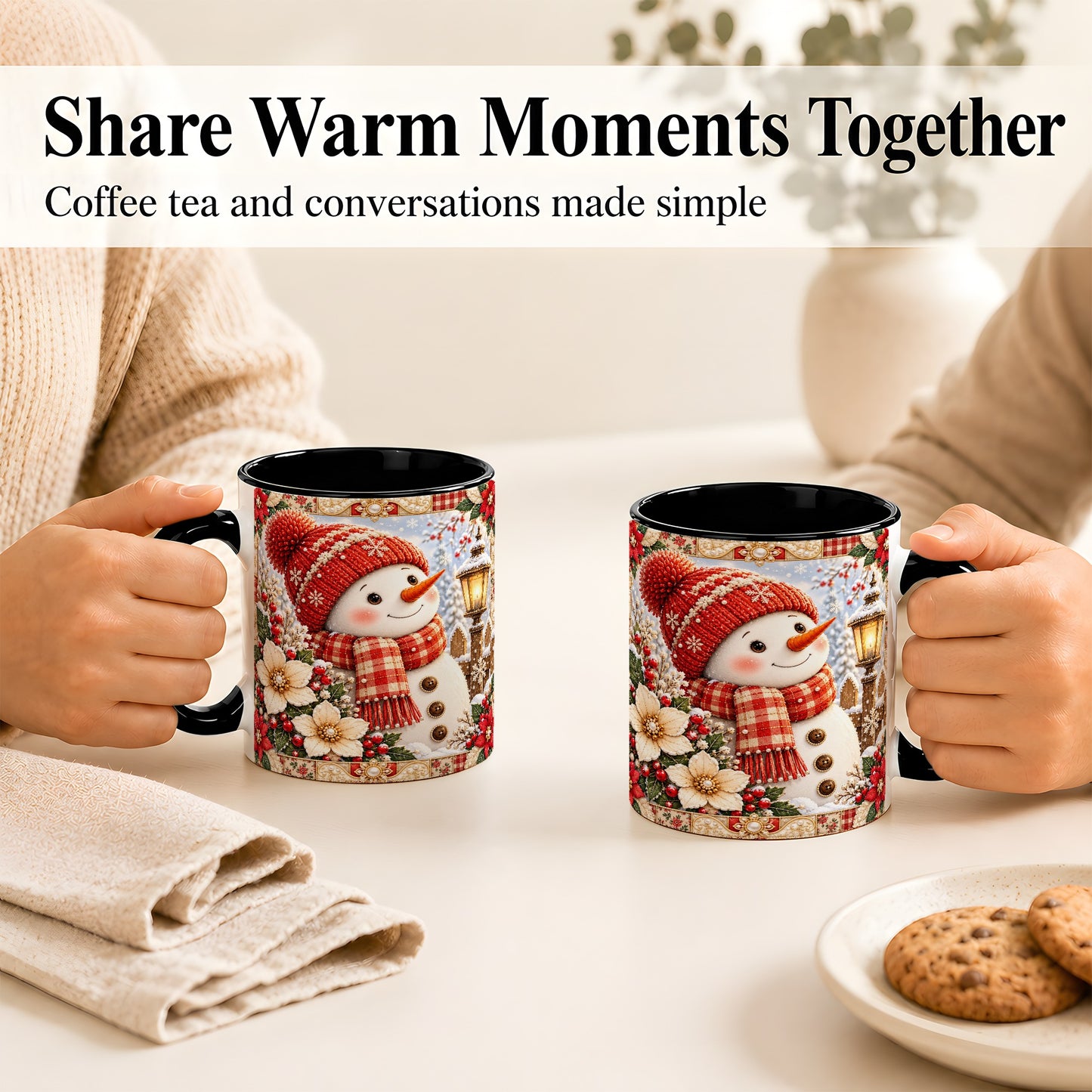 #pl[11oz|Black] Christmas Snowman Coffee Mug, Poinsettia Winter Mug, Ceramic Cup