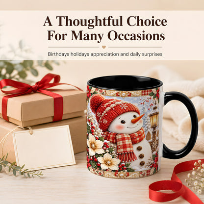 #pl[11oz|Black] Christmas Snowman Coffee Mug, Poinsettia Winter Mug, Ceramic Cup