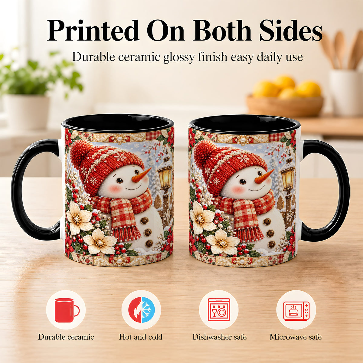 #pl[11oz|Black] Christmas Snowman Coffee Mug, Poinsettia Winter Mug, Ceramic Cup