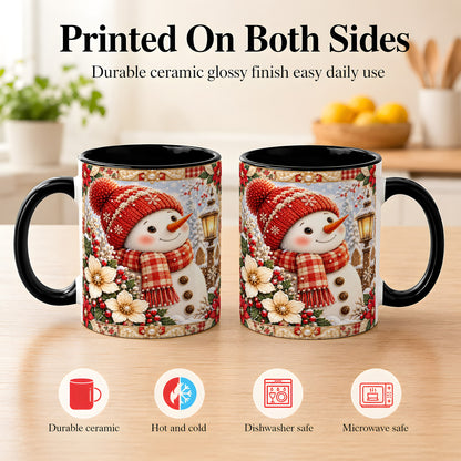 #pl[11oz|Black] Christmas Snowman Coffee Mug, Poinsettia Winter Mug, Ceramic Cup
