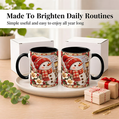 #pl[11oz|Black] Christmas Snowman Coffee Mug, Poinsettia Winter Mug, Ceramic Cup