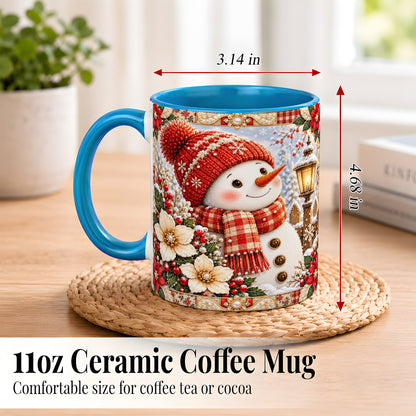 #pl[11oz|Blue] Christmas Snowman Coffee Mug, Poinsettia Winter Mug, Ceramic Cup