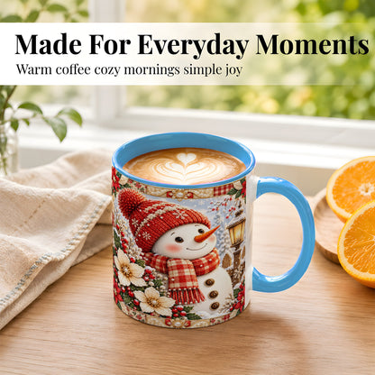 #pl[11oz|Blue] Christmas Snowman Coffee Mug, Poinsettia Winter Mug, Ceramic Cup