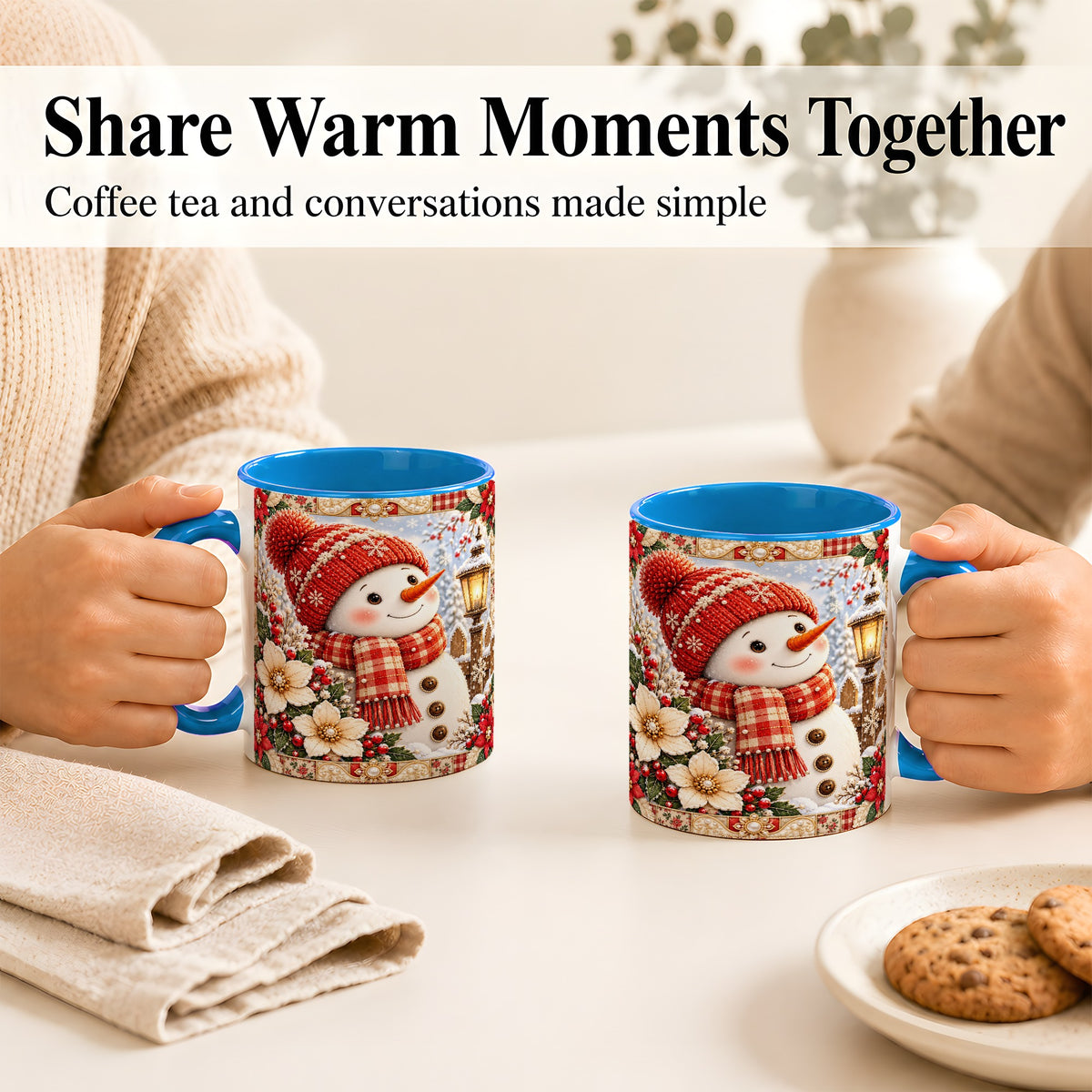 #pl[11oz|Blue] Christmas Snowman Coffee Mug, Poinsettia Winter Mug, Ceramic Cup