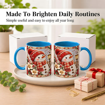 #pl[11oz|Blue] Christmas Snowman Coffee Mug, Poinsettia Winter Mug, Ceramic Cup