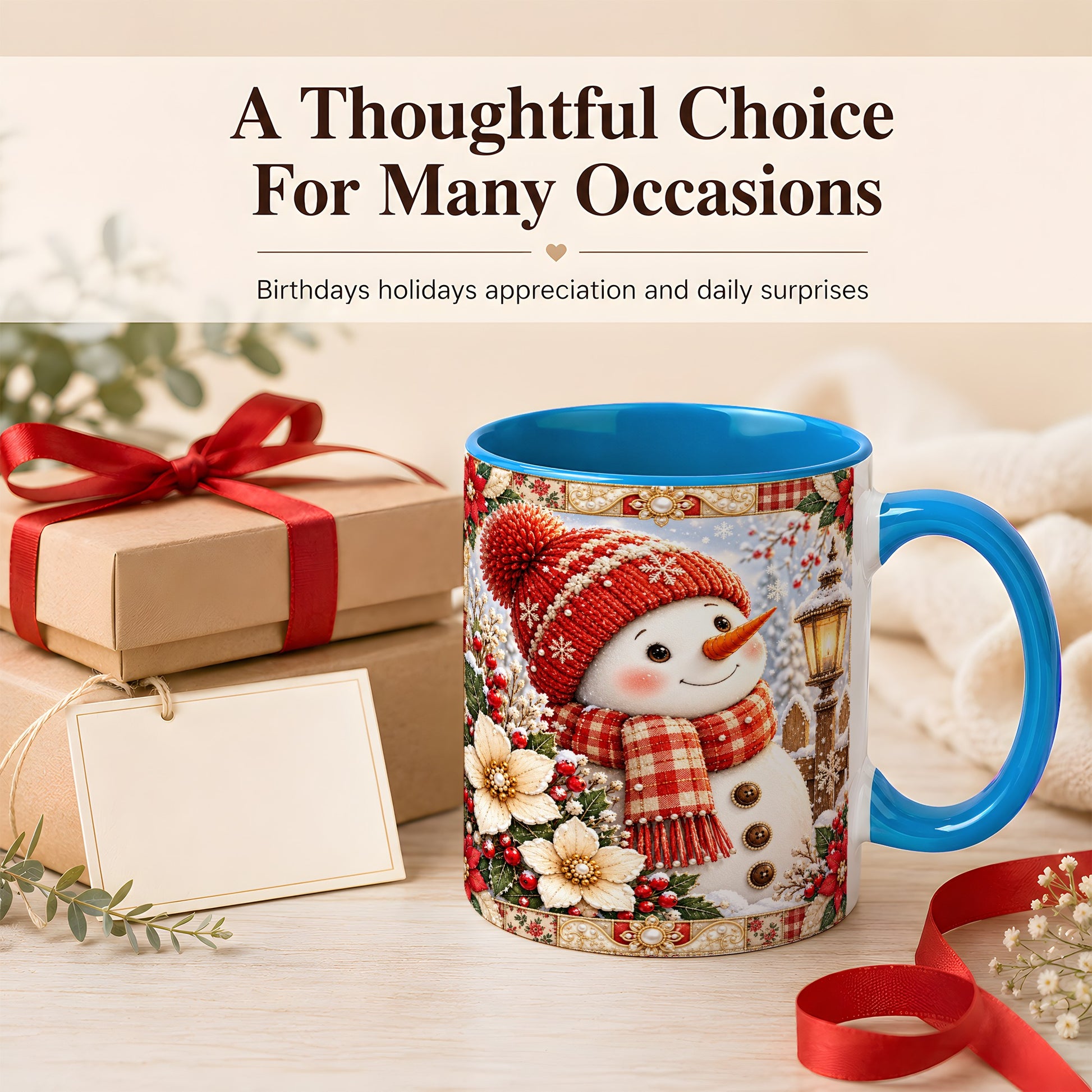 #pl[11oz|Blue] Christmas Snowman Coffee Mug, Poinsettia Winter Mug, Ceramic Cup