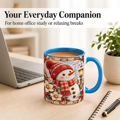 #pl[11oz|Blue] Christmas Snowman Coffee Mug, Poinsettia Winter Mug, Ceramic Cup