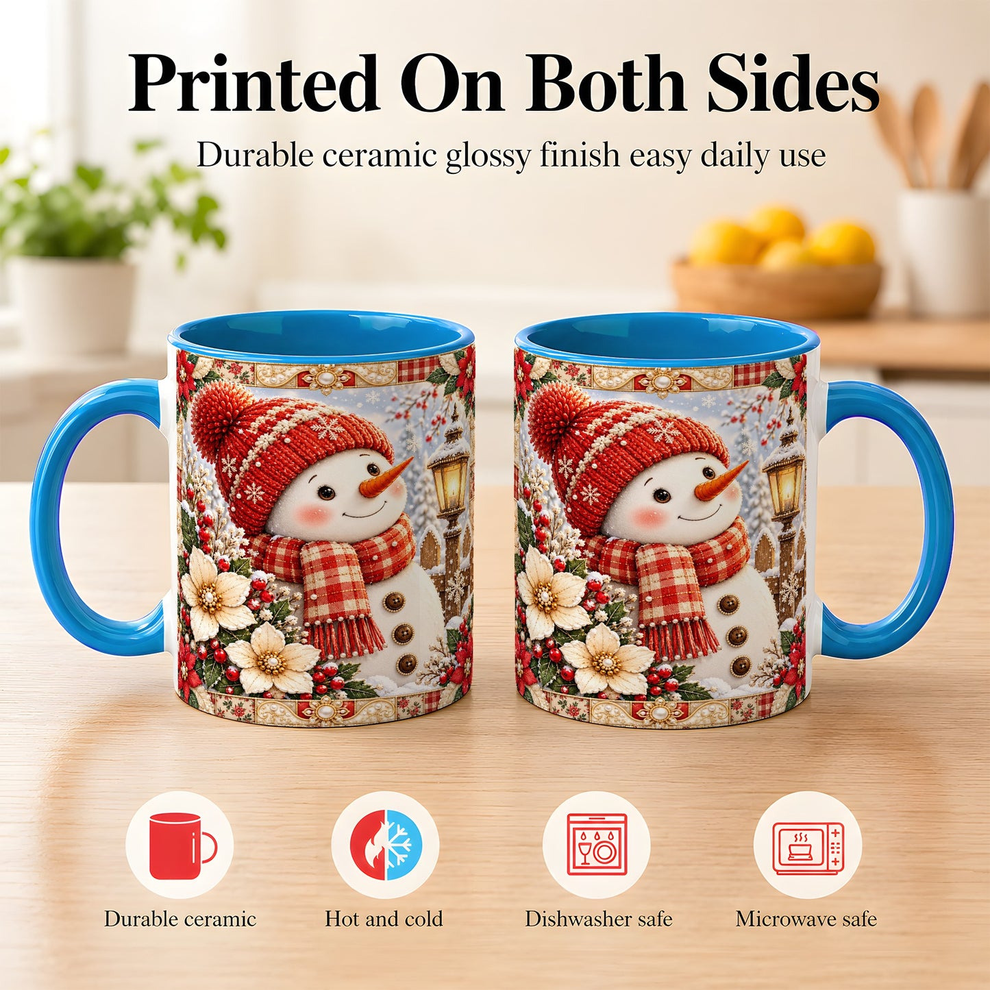 #pl[11oz|Blue] Christmas Snowman Coffee Mug, Poinsettia Winter Mug, Ceramic Cup