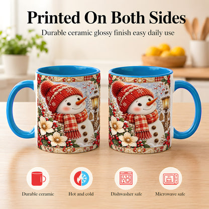 #pl[11oz|Blue] Christmas Snowman Coffee Mug, Poinsettia Winter Mug, Ceramic Cup