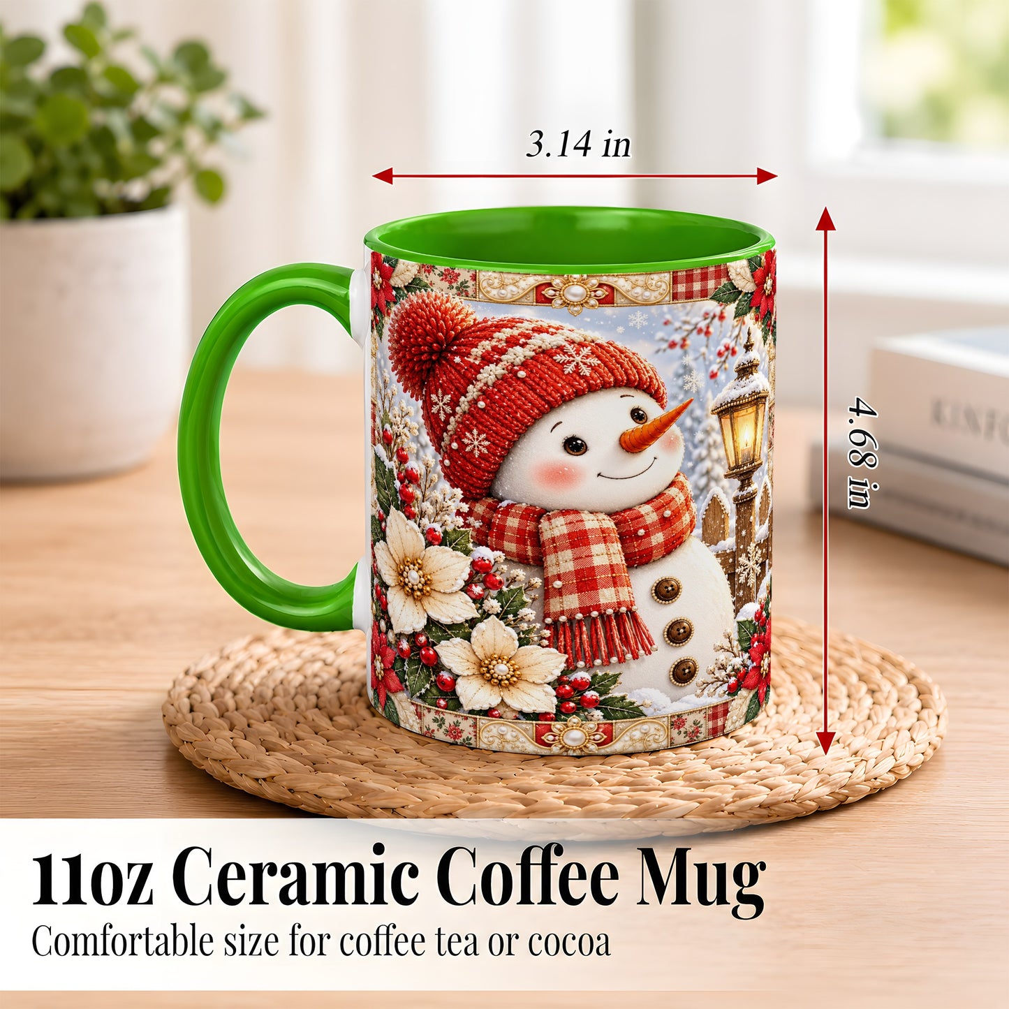 #pl[11oz|Green] Christmas Snowman Coffee Mug, Poinsettia Winter Mug, Ceramic Cup