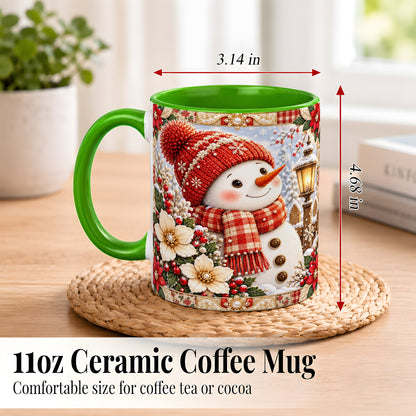#pl[11oz|Green] Christmas Snowman Coffee Mug, Poinsettia Winter Mug, Ceramic Cup