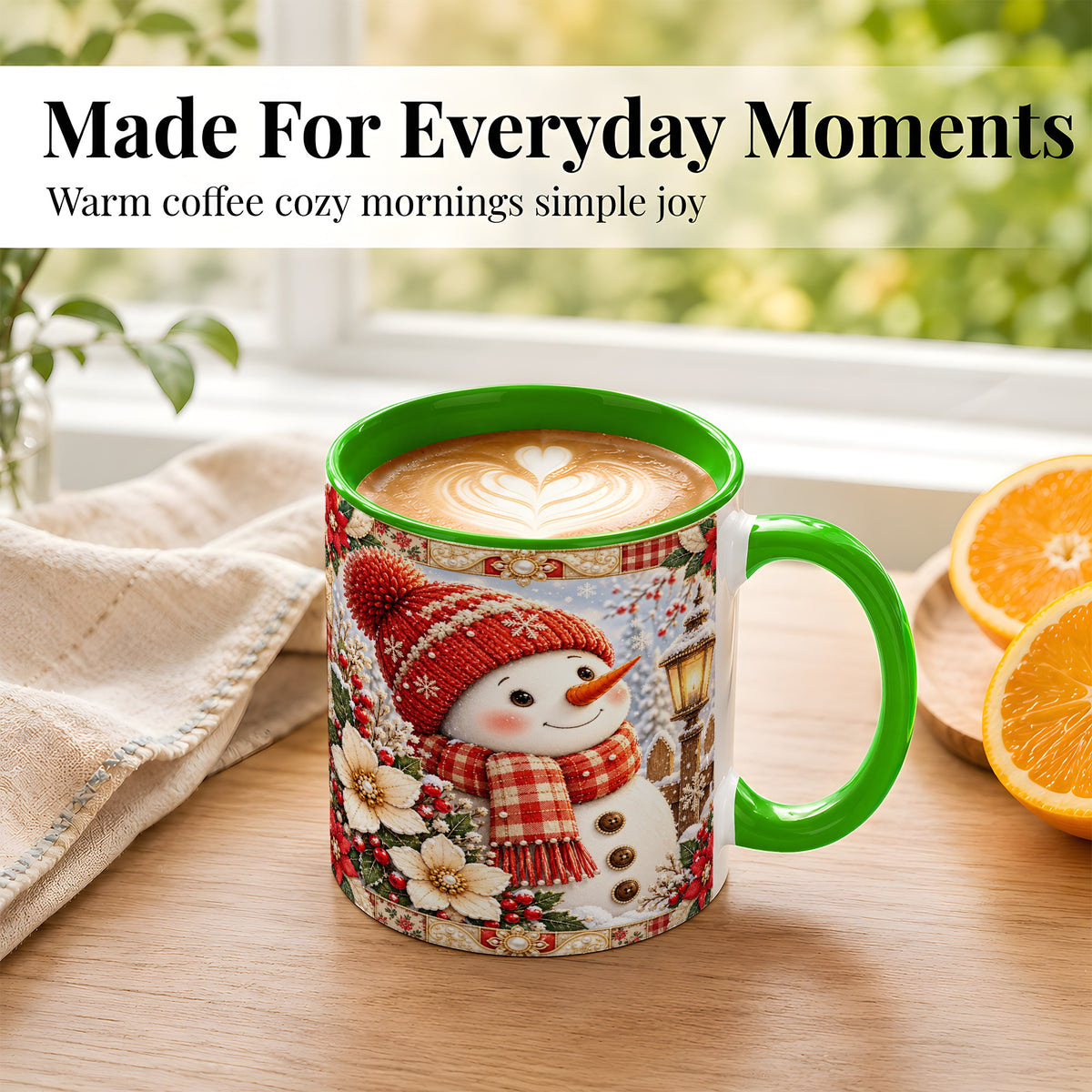 #pl[11oz|Green] Christmas Snowman Coffee Mug, Poinsettia Winter Mug, Ceramic Cup