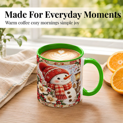 #pl[11oz|Green] Christmas Snowman Coffee Mug, Poinsettia Winter Mug, Ceramic Cup