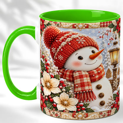 #pl[11oz|Green] Christmas Snowman Coffee Mug, Poinsettia Winter Mug, Ceramic Cup