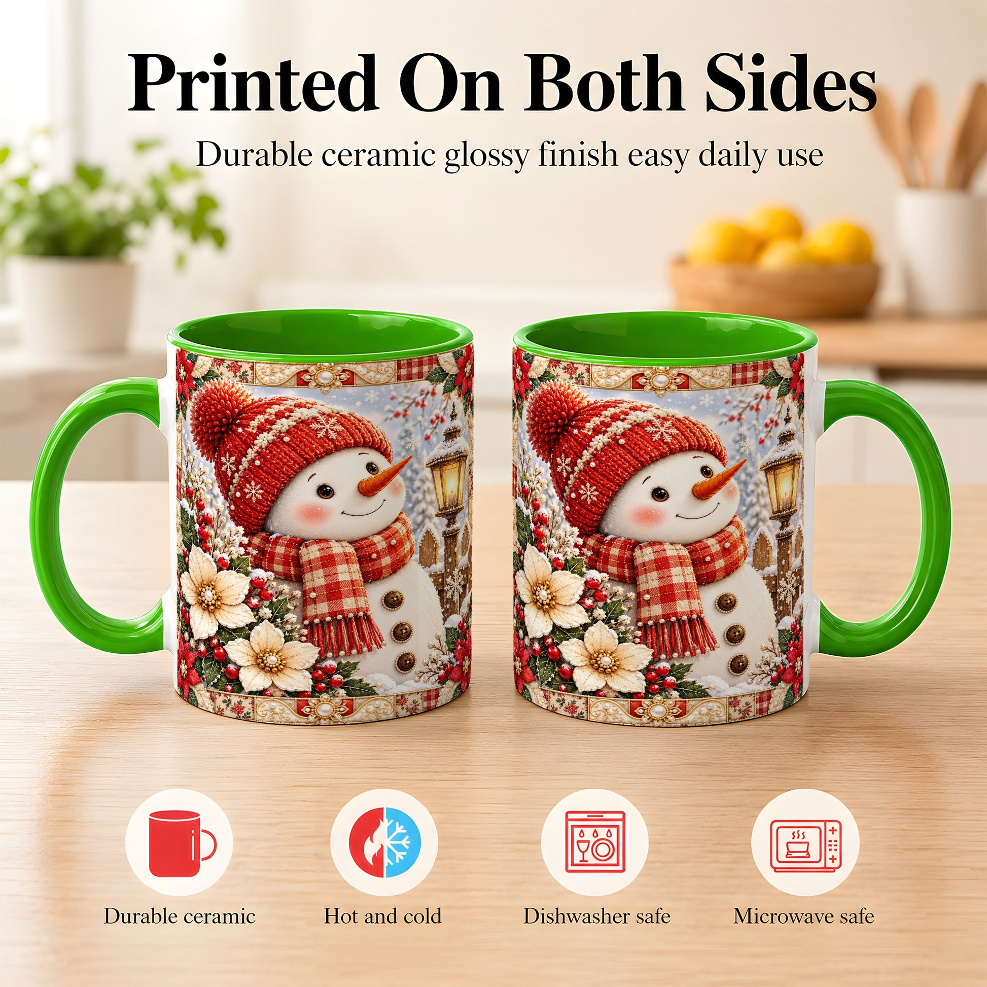 #pl[11oz|Green] Christmas Snowman Coffee Mug, Poinsettia Winter Mug, Ceramic Cup