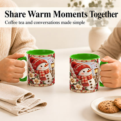 #pl[11oz|Green] Christmas Snowman Coffee Mug, Poinsettia Winter Mug, Ceramic Cup