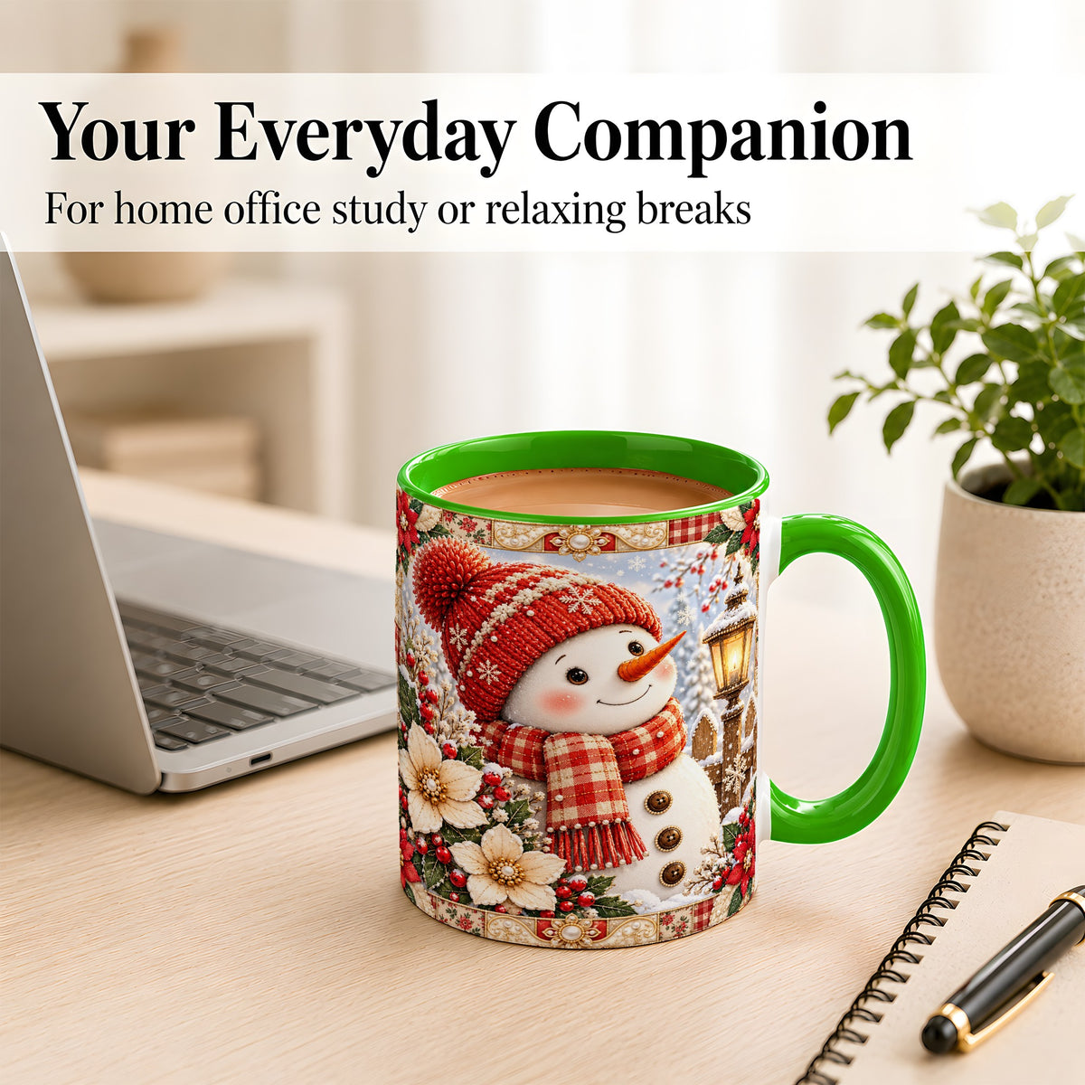 #pl[11oz|Green] Christmas Snowman Coffee Mug, Poinsettia Winter Mug, Ceramic Cup