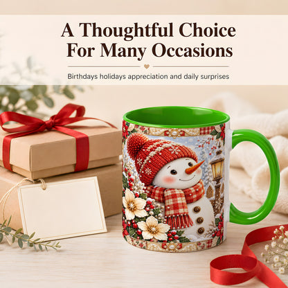 #pl[11oz|Green] Christmas Snowman Coffee Mug, Poinsettia Winter Mug, Ceramic Cup