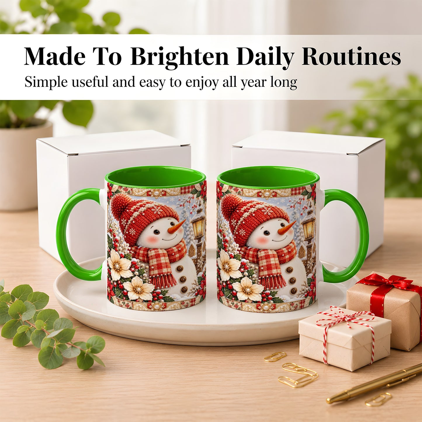 #pl[11oz|Green] Christmas Snowman Coffee Mug, Poinsettia Winter Mug, Ceramic Cup