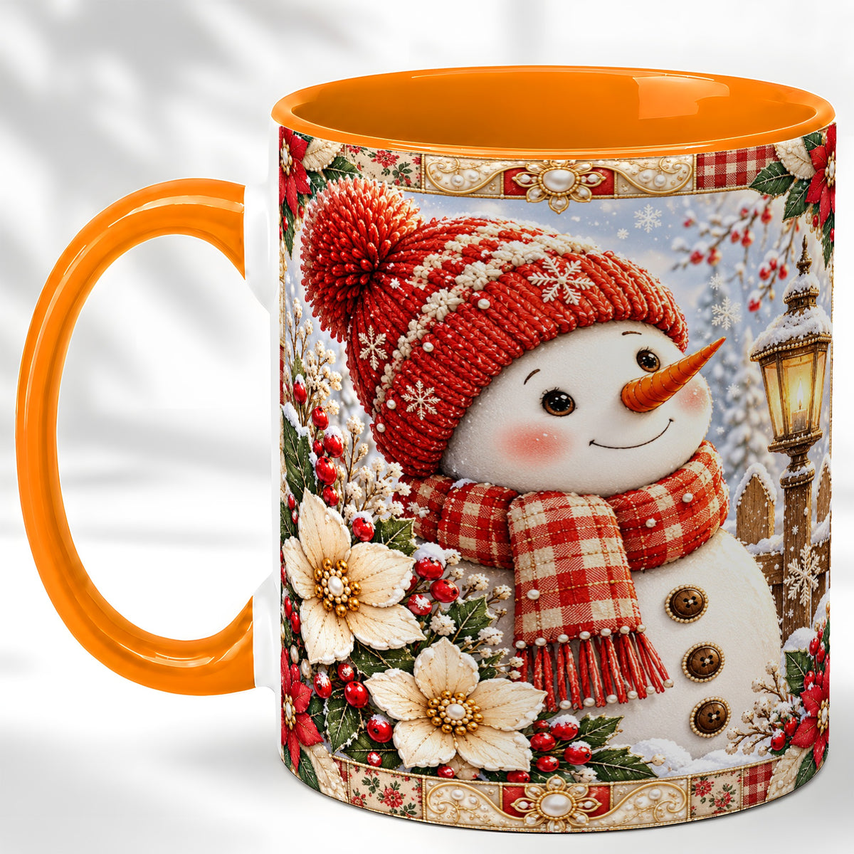 #pl[11oz|Orange] Christmas Snowman Coffee Mug, Poinsettia Winter Mug, Ceramic Cup