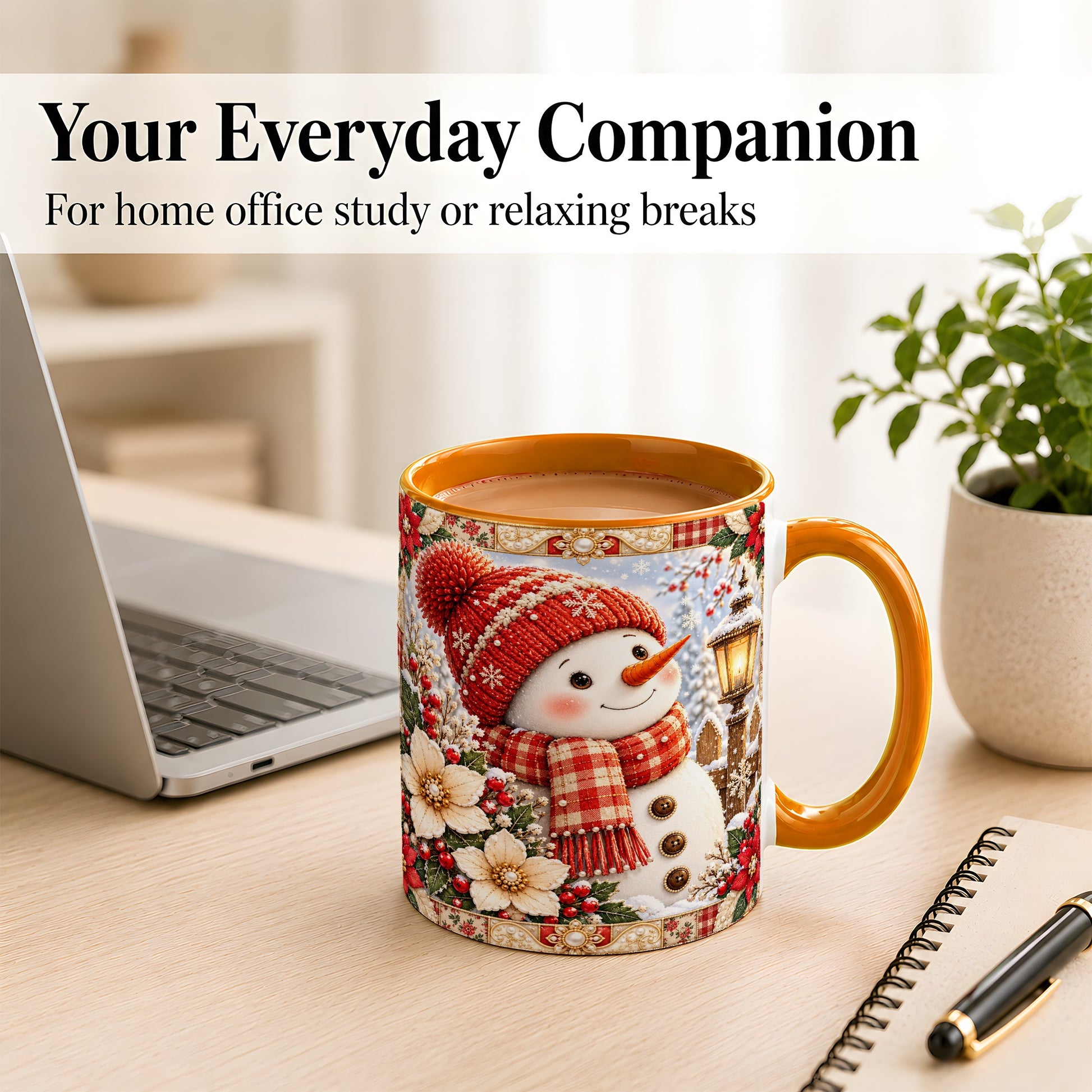 #pl[11oz|Orange] Christmas Snowman Coffee Mug, Poinsettia Winter Mug, Ceramic Cup