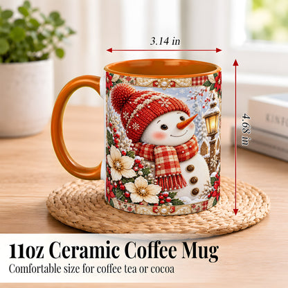 #pl[11oz|Orange] Christmas Snowman Coffee Mug, Poinsettia Winter Mug, Ceramic Cup