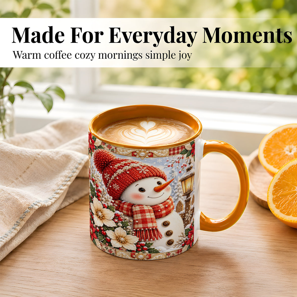 #pl[11oz|Orange] Christmas Snowman Coffee Mug, Poinsettia Winter Mug, Ceramic Cup