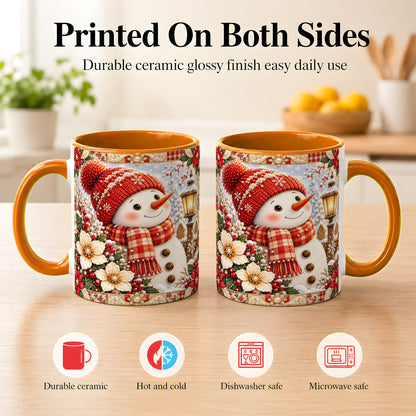 #pl[11oz|Orange] Christmas Snowman Coffee Mug, Poinsettia Winter Mug, Ceramic Cup
