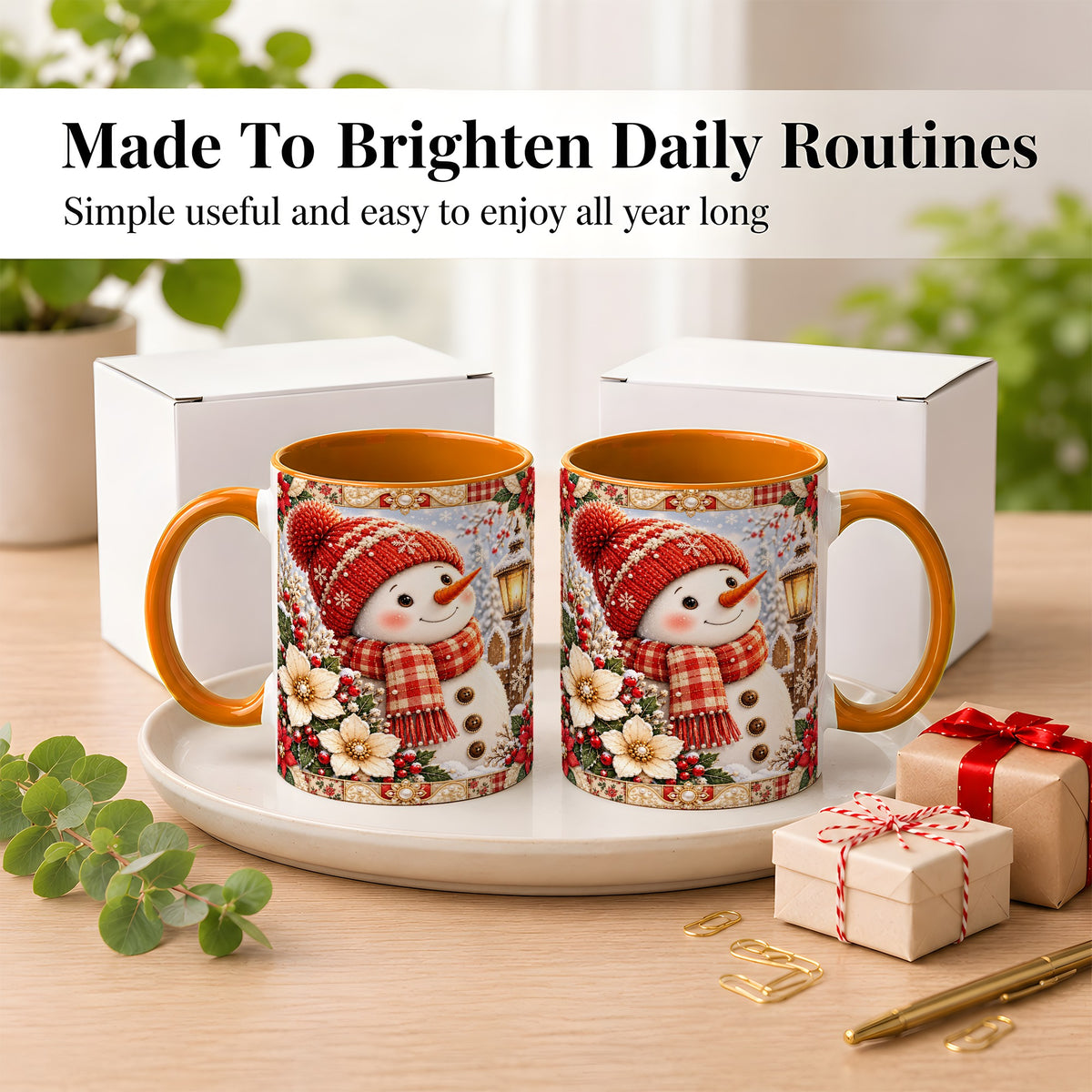 #pl[11oz|Orange] Christmas Snowman Coffee Mug, Poinsettia Winter Mug, Ceramic Cup