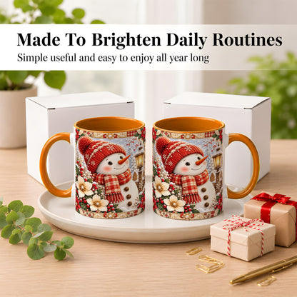 #pl[11oz|Orange] Christmas Snowman Coffee Mug, Poinsettia Winter Mug, Ceramic Cup