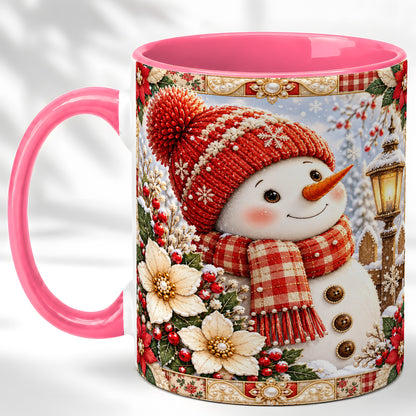 #pl[11oz|Pink] Christmas Snowman Coffee Mug, Poinsettia Winter Mug, Ceramic Cup