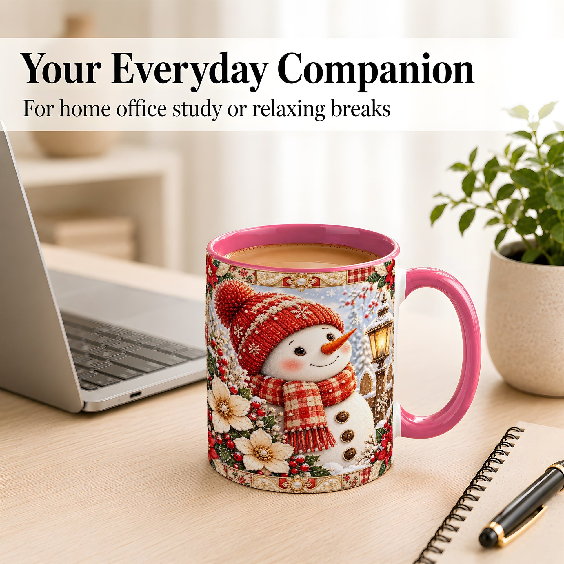#pl[11oz|Pink] Christmas Snowman Coffee Mug, Poinsettia Winter Mug, Ceramic Cup