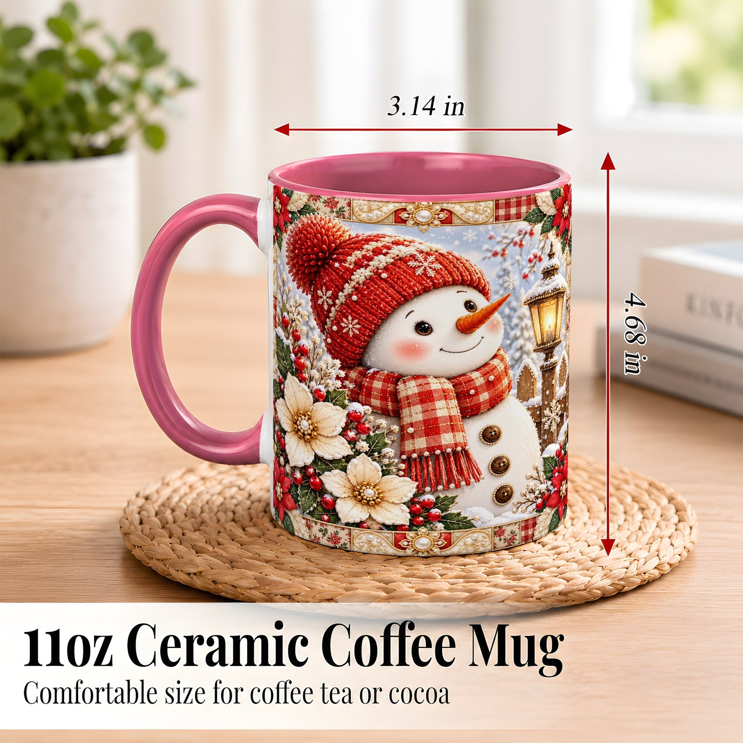 #pl[11oz|Pink] Christmas Snowman Coffee Mug, Poinsettia Winter Mug, Ceramic Cup