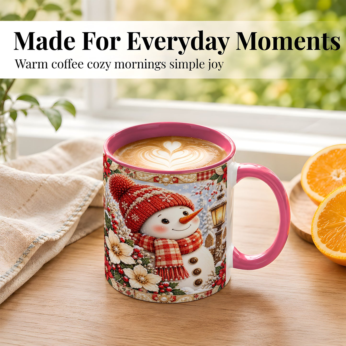 #pl[11oz|Pink] Christmas Snowman Coffee Mug, Poinsettia Winter Mug, Ceramic Cup