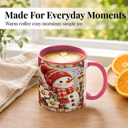 #pl[11oz|Pink] Christmas Snowman Coffee Mug, Poinsettia Winter Mug, Ceramic Cup