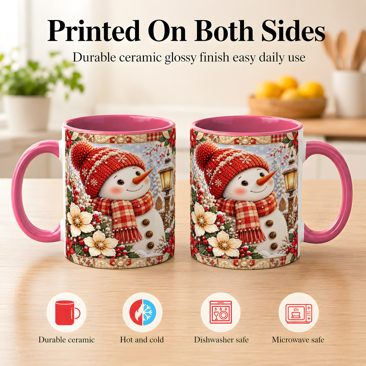 #pl[11oz|Pink] Christmas Snowman Coffee Mug, Poinsettia Winter Mug, Ceramic Cup