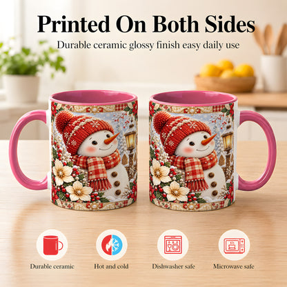 #pl[11oz|Pink] Christmas Snowman Coffee Mug, Poinsettia Winter Mug, Ceramic Cup