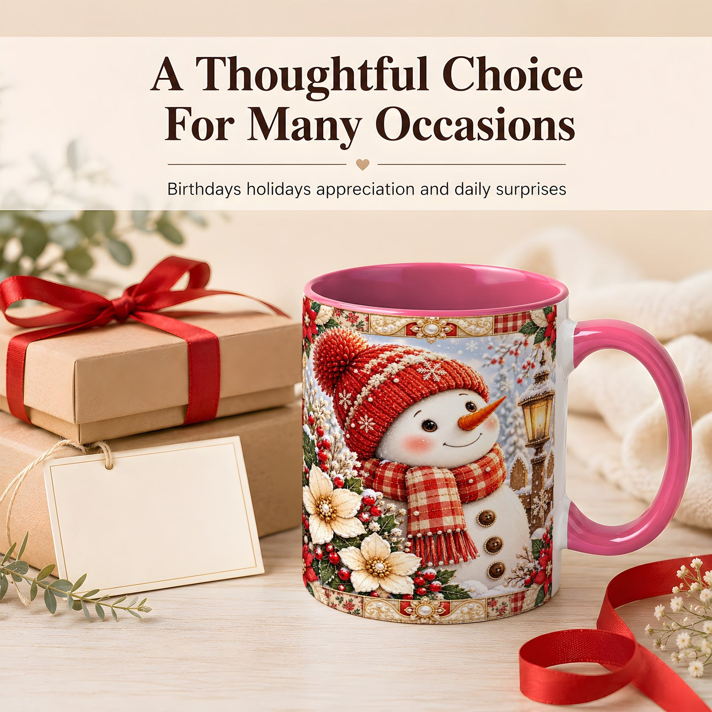 #pl[11oz|Pink] Christmas Snowman Coffee Mug, Poinsettia Winter Mug, Ceramic Cup
