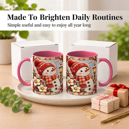 #pl[11oz|Pink] Christmas Snowman Coffee Mug, Poinsettia Winter Mug, Ceramic Cup