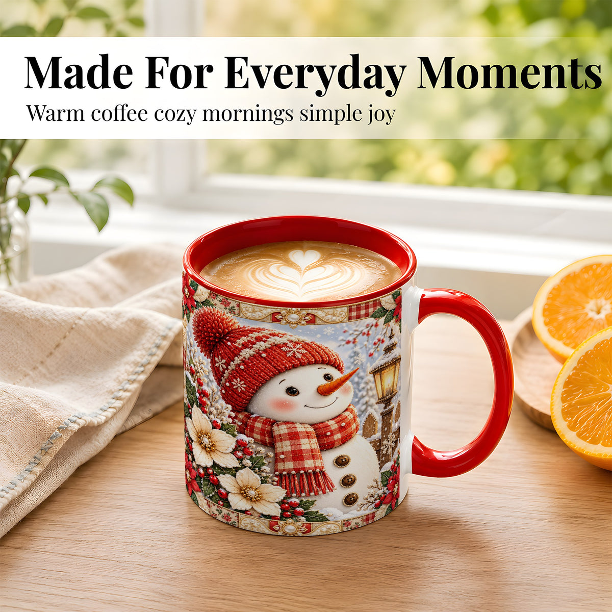 #pl[11oz|Red] Christmas Snowman Coffee Mug, Poinsettia Winter Mug, Ceramic Cup