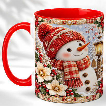 Christmas Snowman Coffee Mug, Poinsettia Winter Mug, Ceramic Cup